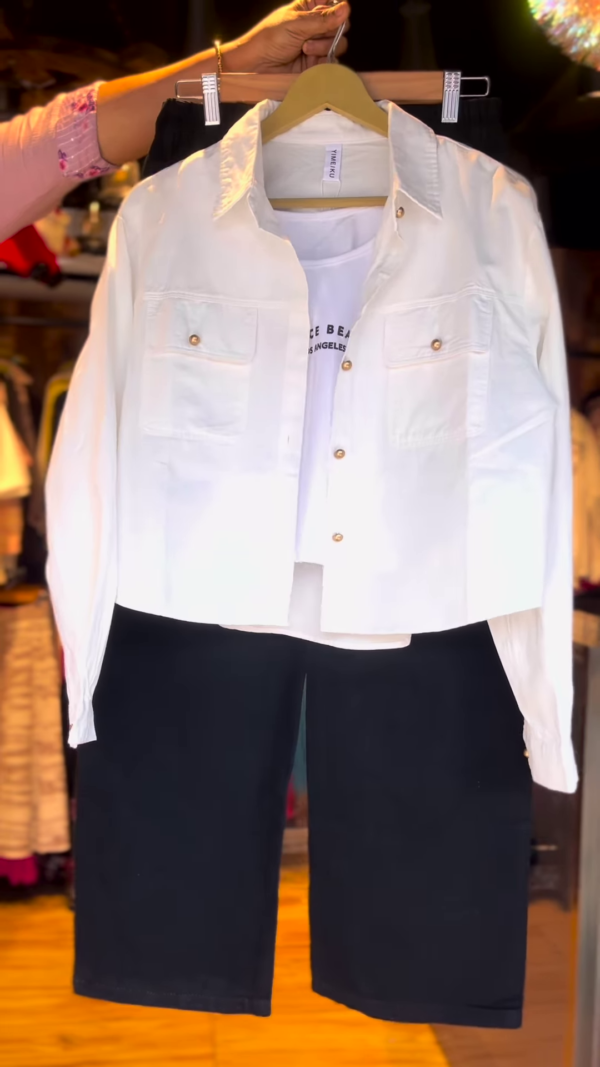 Monochrome Street Style Co-Ord Set –  Shirt, Tee & Wide-Leg  Pants (3-Piece Set)
