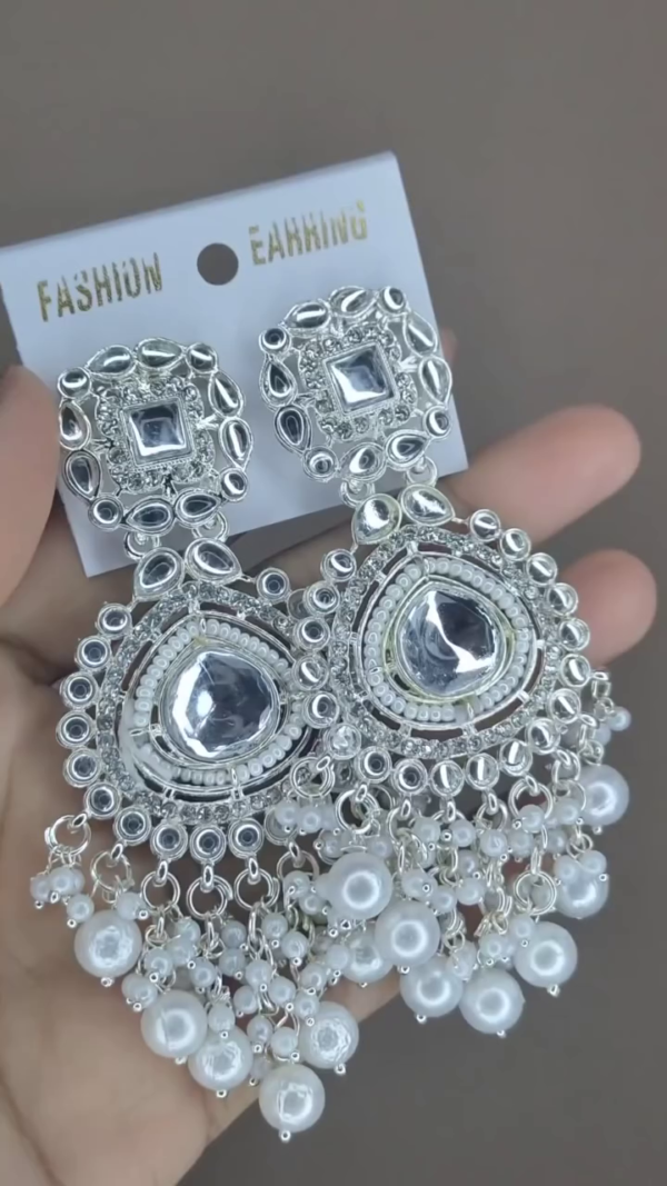 Silver-Toned Kundan-Style Statement Earrings with Pearl Drops