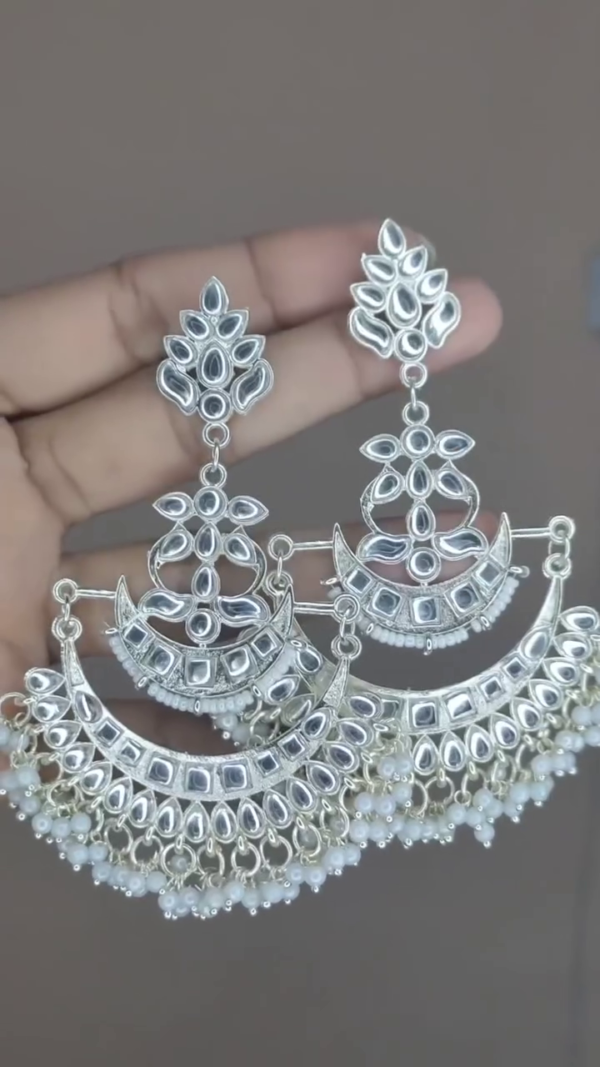 Silver-Toned Kundan-Style Statement Earrings with Pearl Drops - Image 5