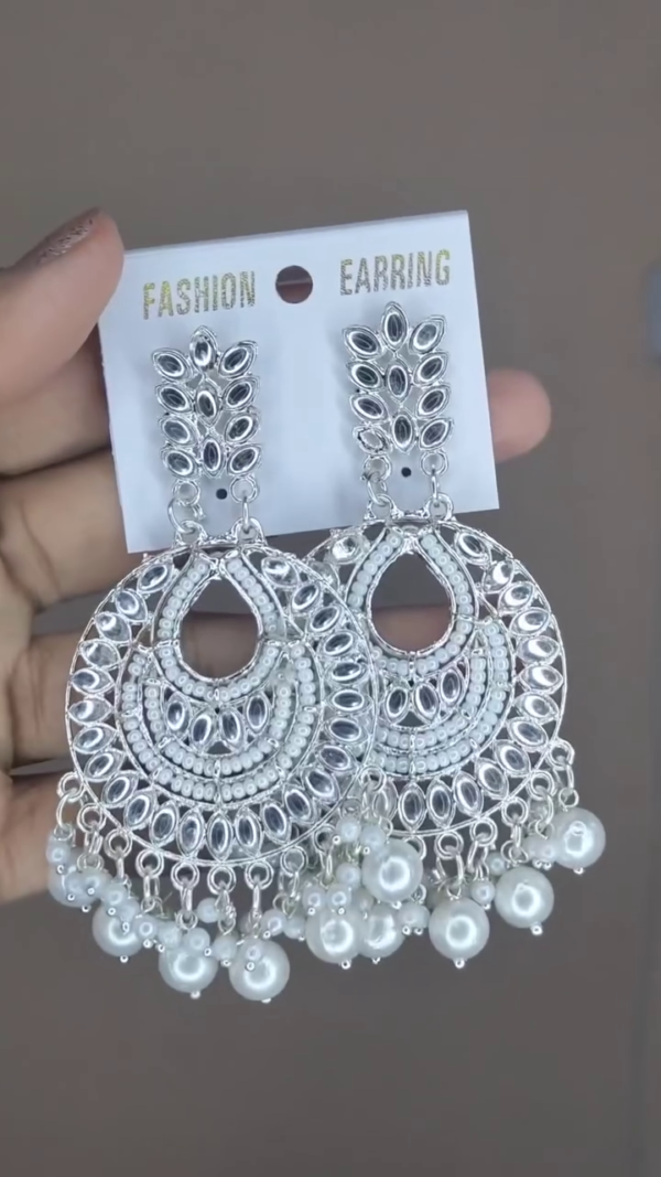 Silver-Toned Kundan-Style Statement Earrings with Pearl Drops - Image 4