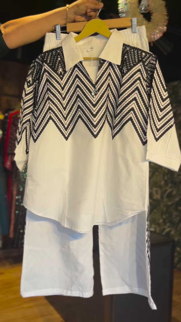 🖤✨ Elegant Monochrome Zigzag Embroidered Co-Ord Set (2-Piece)